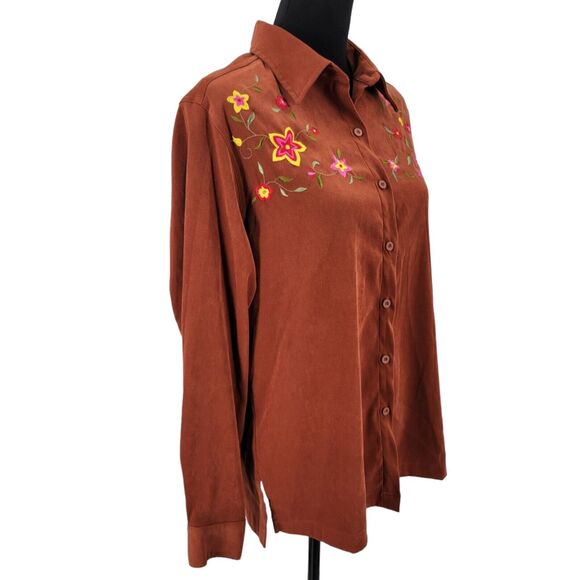 Courtenay Stretch Shirt Women's 6 Embroidered Button Up Faux Suede Brown - Picture 4 of 13